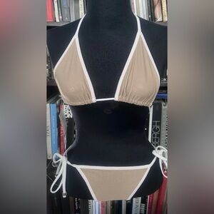 D'Amore By Marceau Beige & White bikini w/ flex of gold metallic inlay